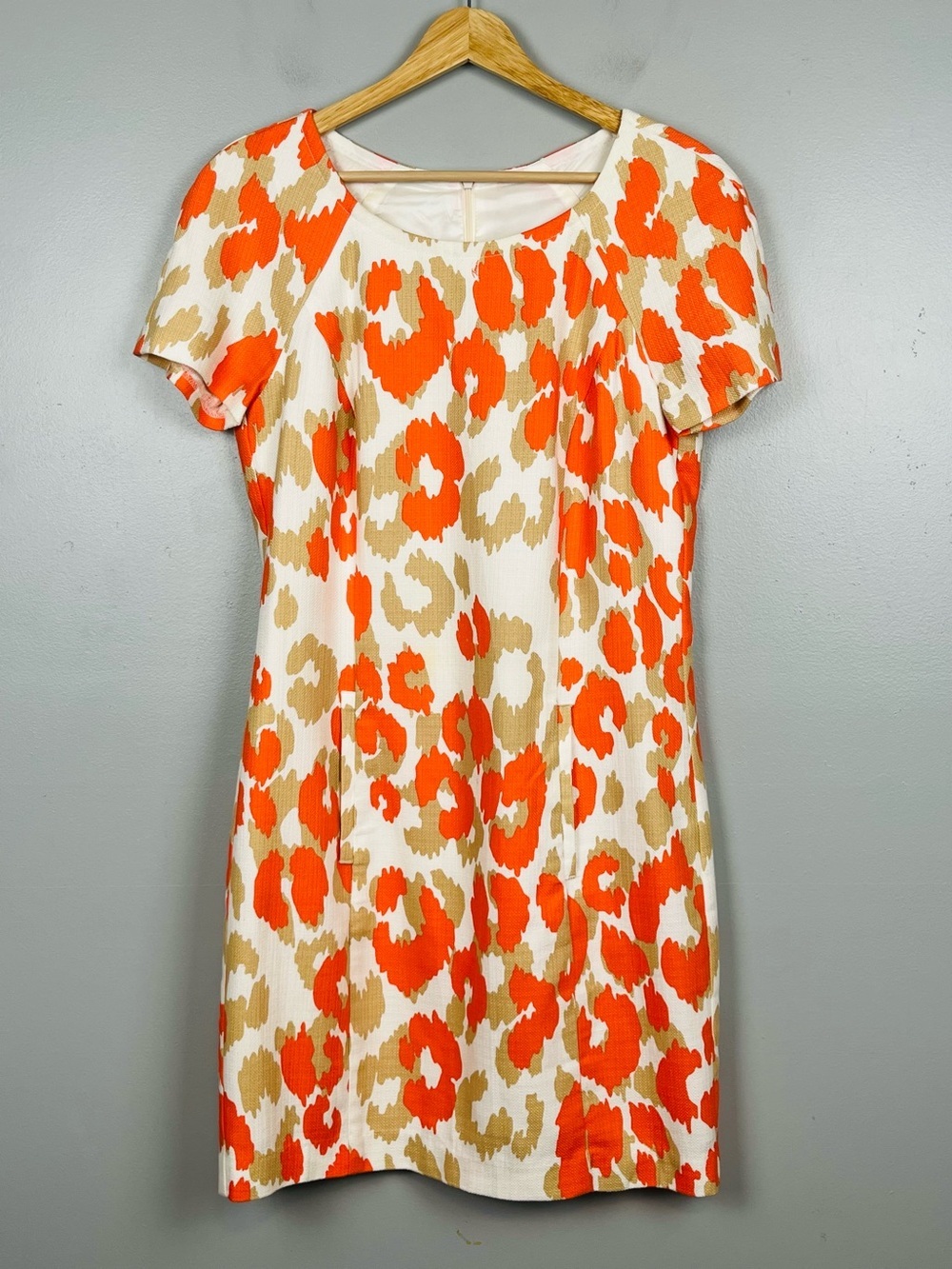 Trina Turk cotton modal orange & tan animal print fitted dress, size 6.